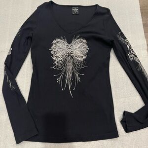 [XL]Sledge Black Long Sleeve Embellished Ribbed Blouse with Graphic Streetwear